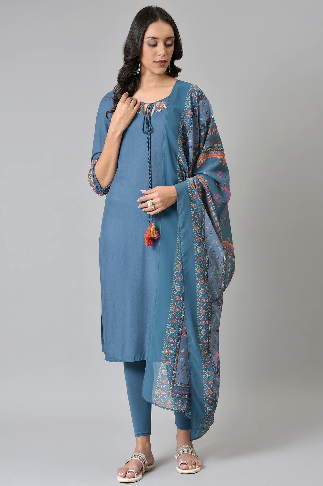 Deep Teal Fusion Embroidered kurta With Knitted Tights And Printed Dupatta - wforwoman