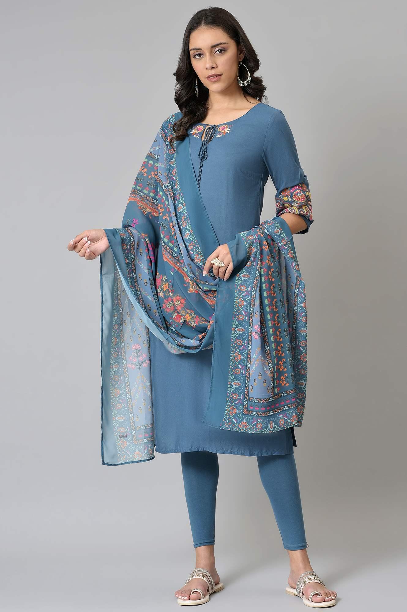 Deep Teal Fusion Embroidered kurta With Knitted Tights And Printed Dupatta - wforwoman