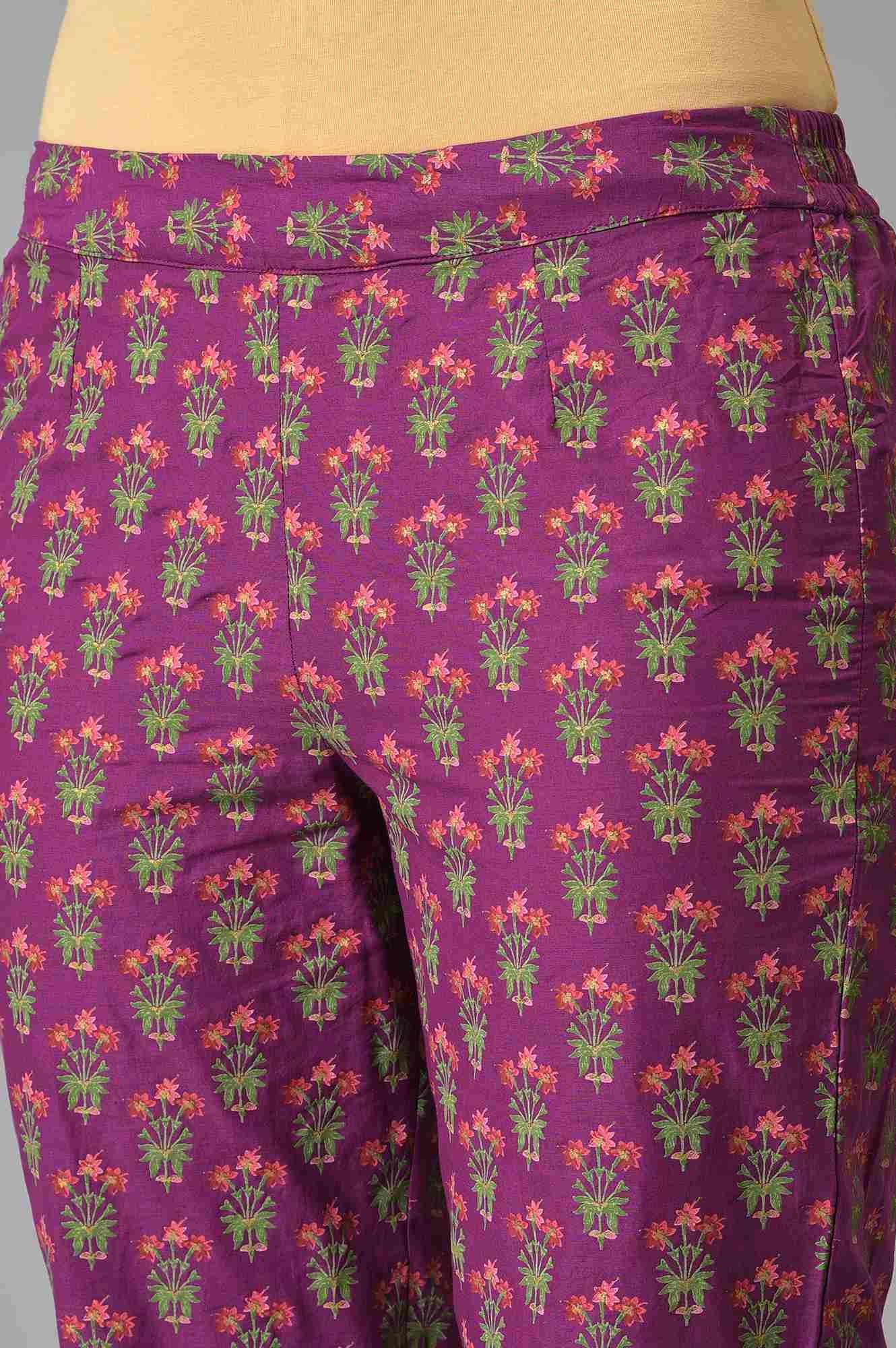 Dark Purple Round Neck kurta With Floral Straight Pants And Chiffon Dupatta - wforwoman