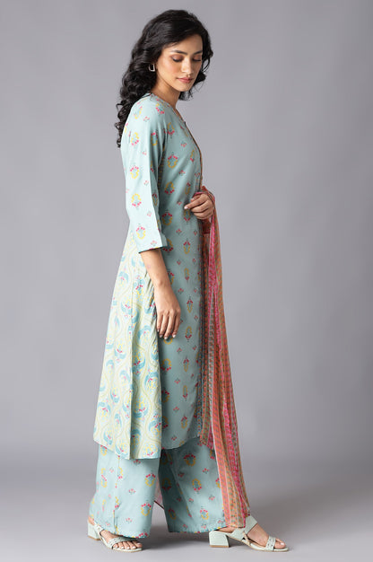 Aqua Blue Embroidered kurta With Printed Parallel Pants And Chiffon Dupatta