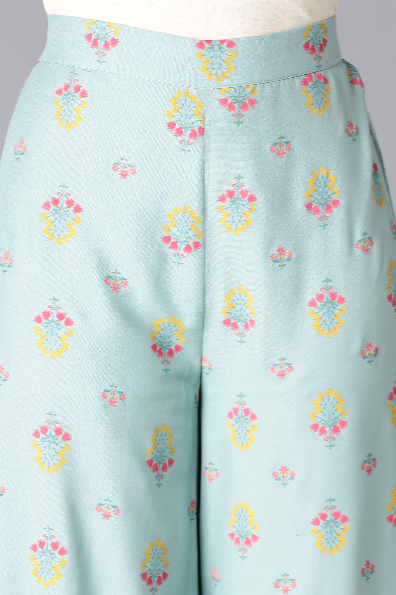 Aqua Blue Embroidered kurta With Printed Parallel Pants And Chiffon Dupatta