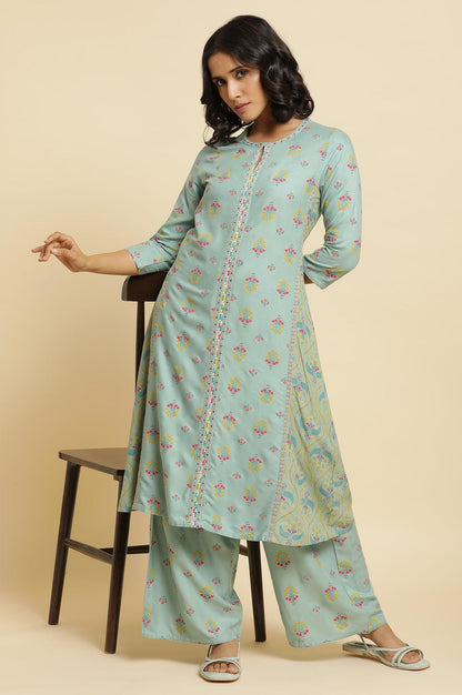 Blue Printed A-Line Kurta &amp; Parallel Pants Set - wforwoman