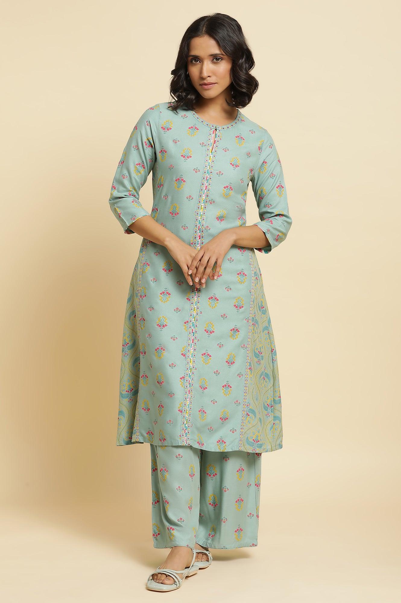 Blue Printed A-Line Kurta &amp; Parallel Pants Set - wforwoman