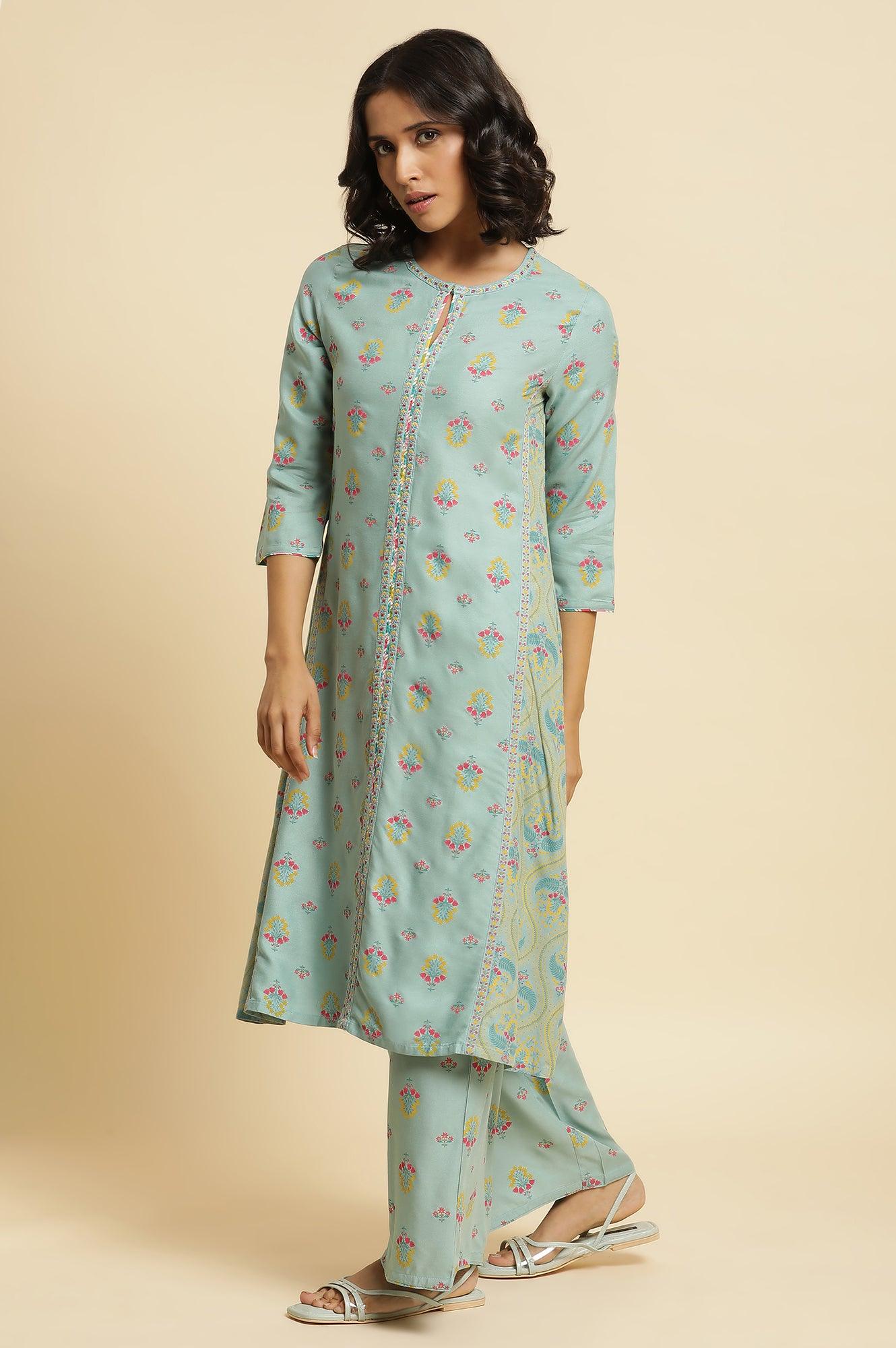 Blue Printed A-Line Kurta &amp; Parallel Pants Set - wforwoman