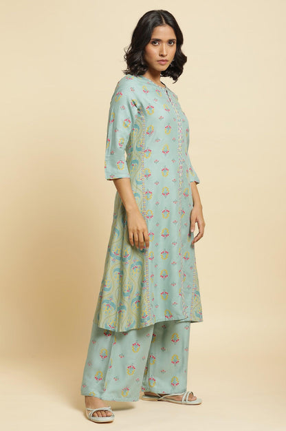 Blue Printed A-Line Kurta &amp; Parallel Pants Set - wforwoman