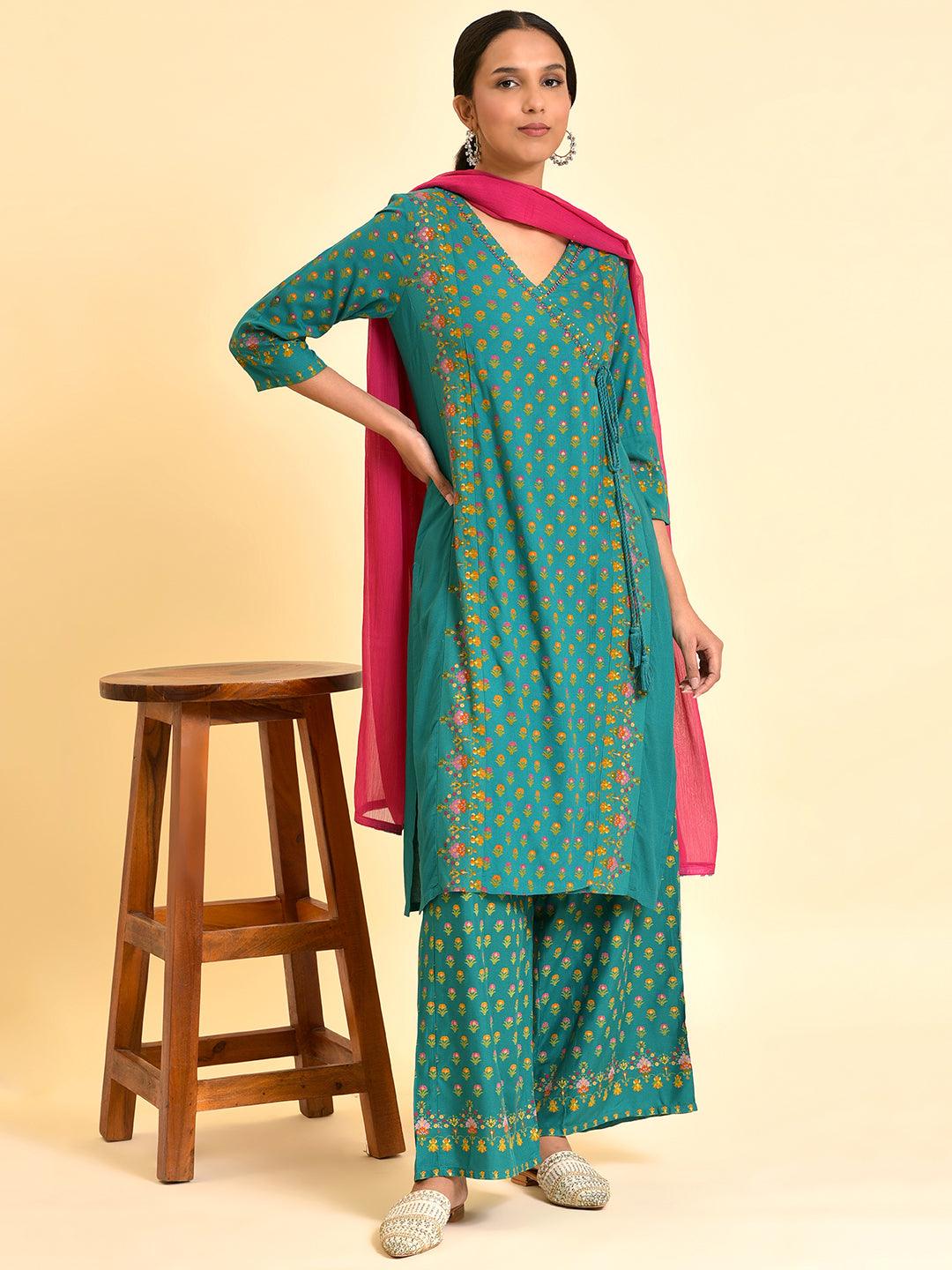 Green Printed Festive Kurta, Parallel Pants And Dupatta Set - wforwoman