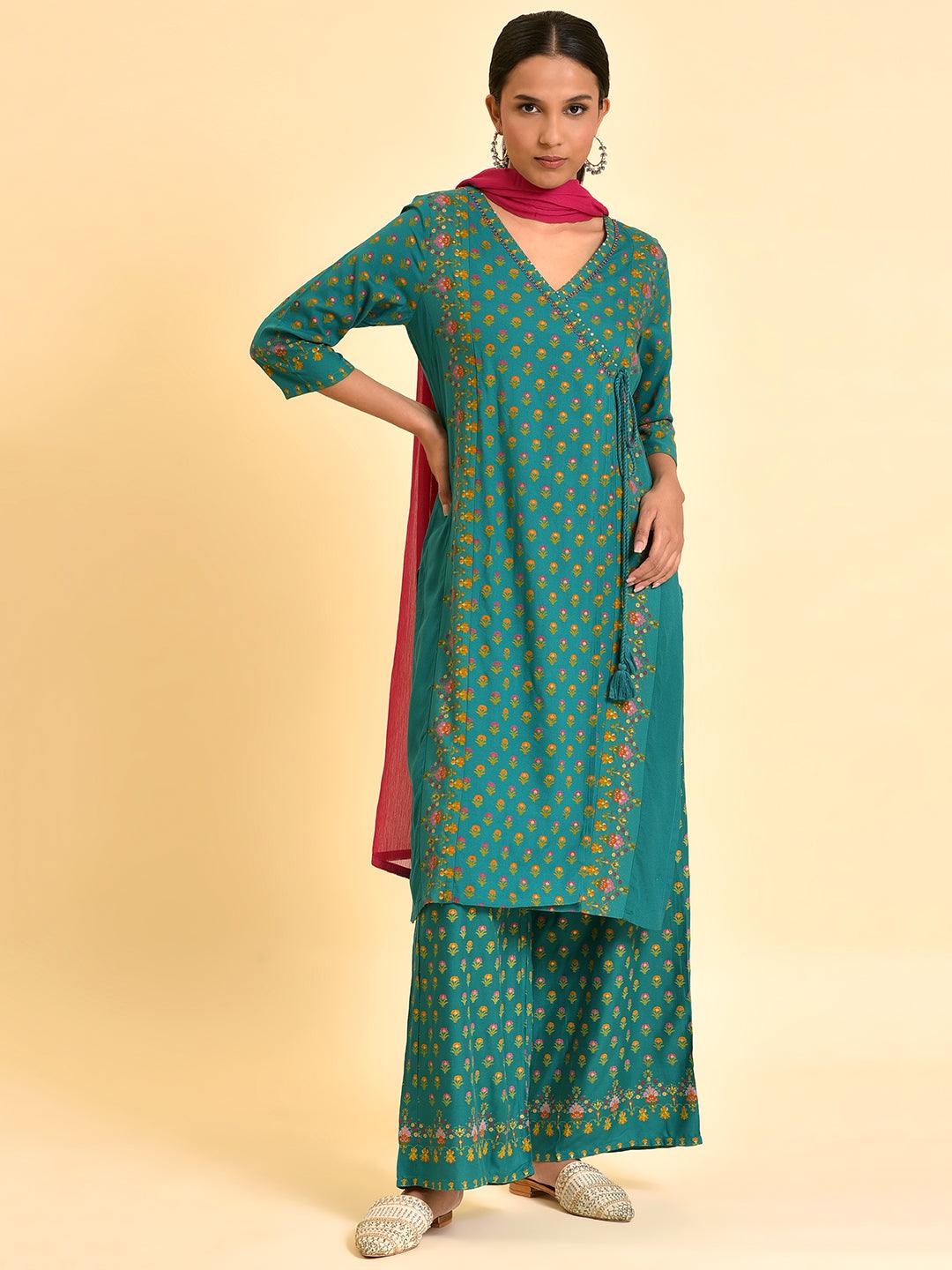 Green Printed Festive Kurta, Parallel Pants And Dupatta Set - wforwoman