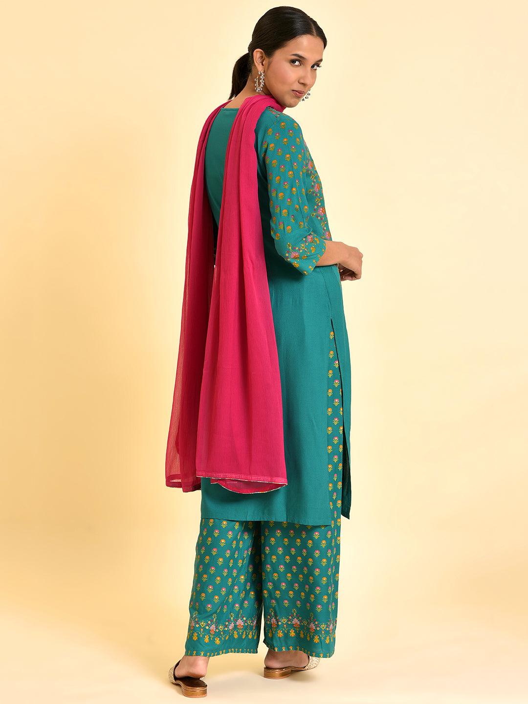 Green Printed Festive Kurta, Parallel Pants And Dupatta Set - wforwoman