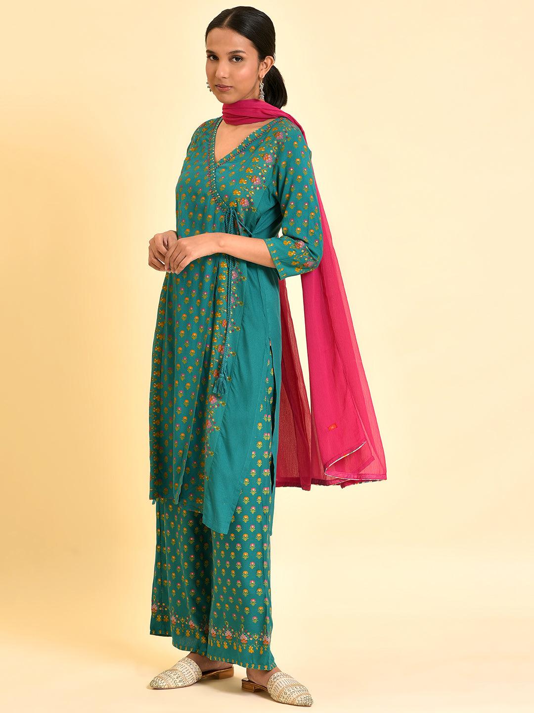 Green Printed Festive Kurta, Parallel Pants And Dupatta Set - wforwoman