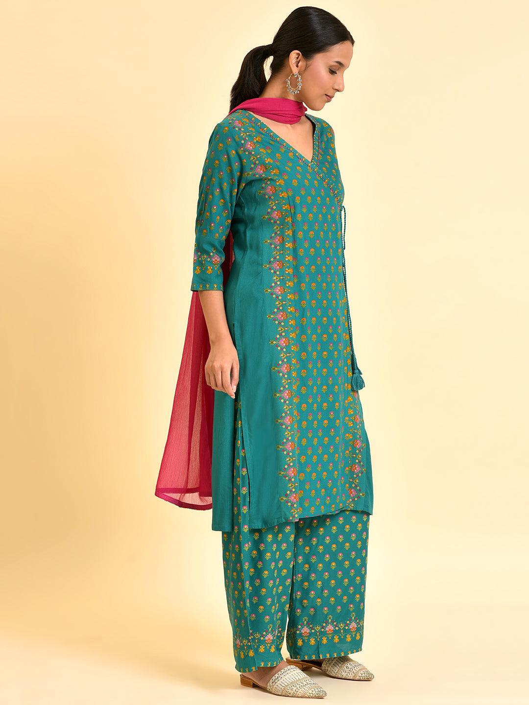 Green Printed Festive Kurta, Parallel Pants And Dupatta Set - wforwoman