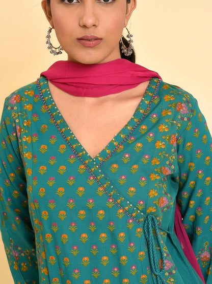 Green Printed Festive Kurta, Parallel Pants And Dupatta Set - wforwoman