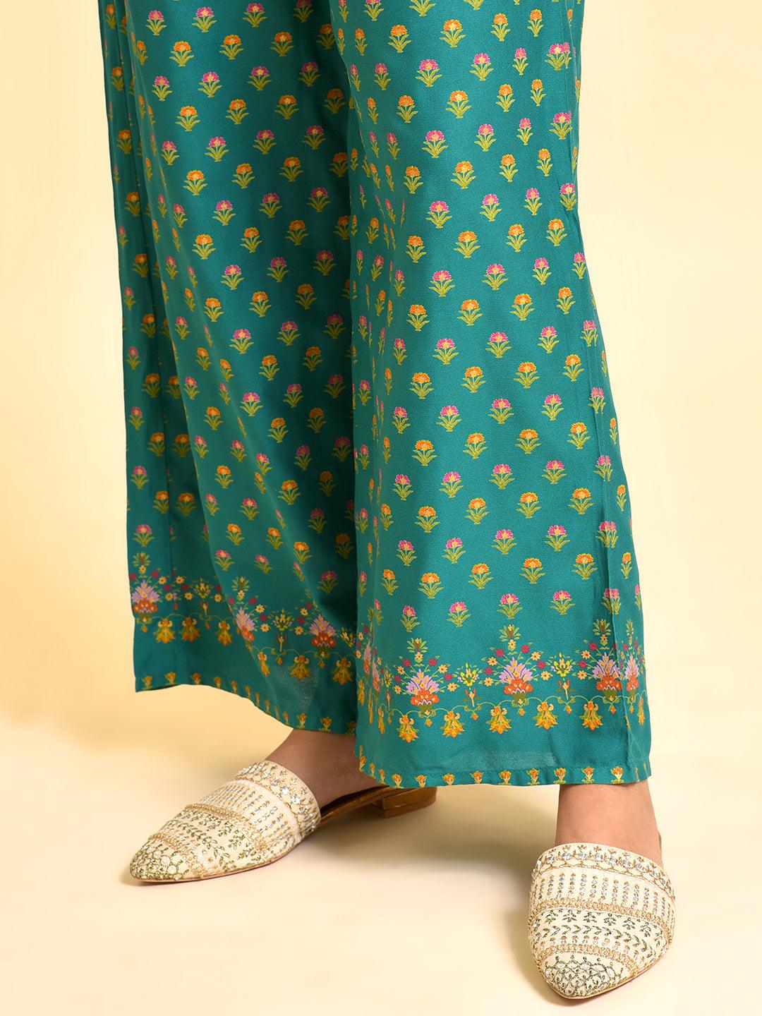 Green Printed Festive Kurta, Parallel Pants And Dupatta Set - wforwoman