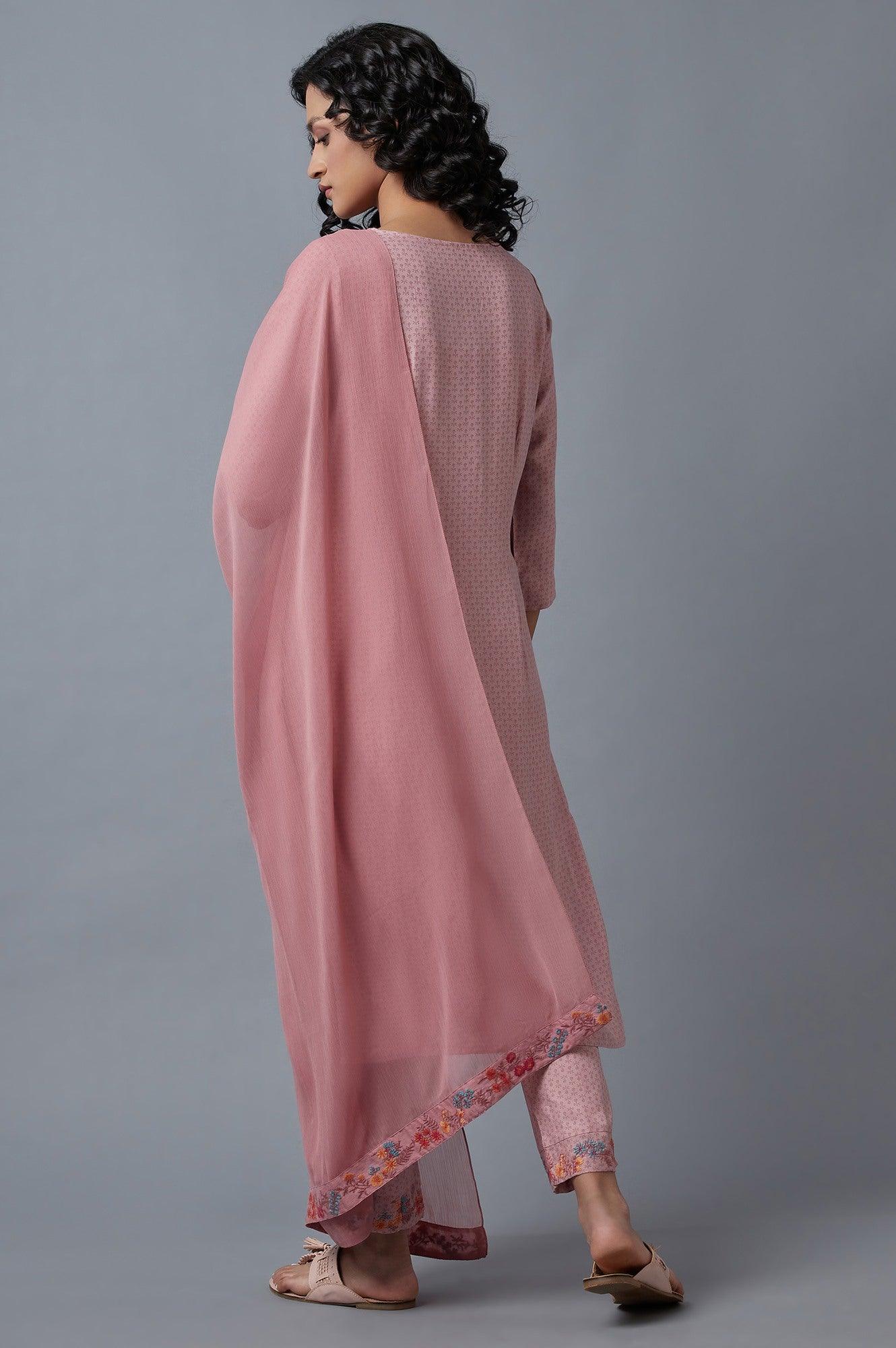 Light Pink Embroidered kurta In Round Neck With Straight Pants And Chiffon Dupatta - wforwoman