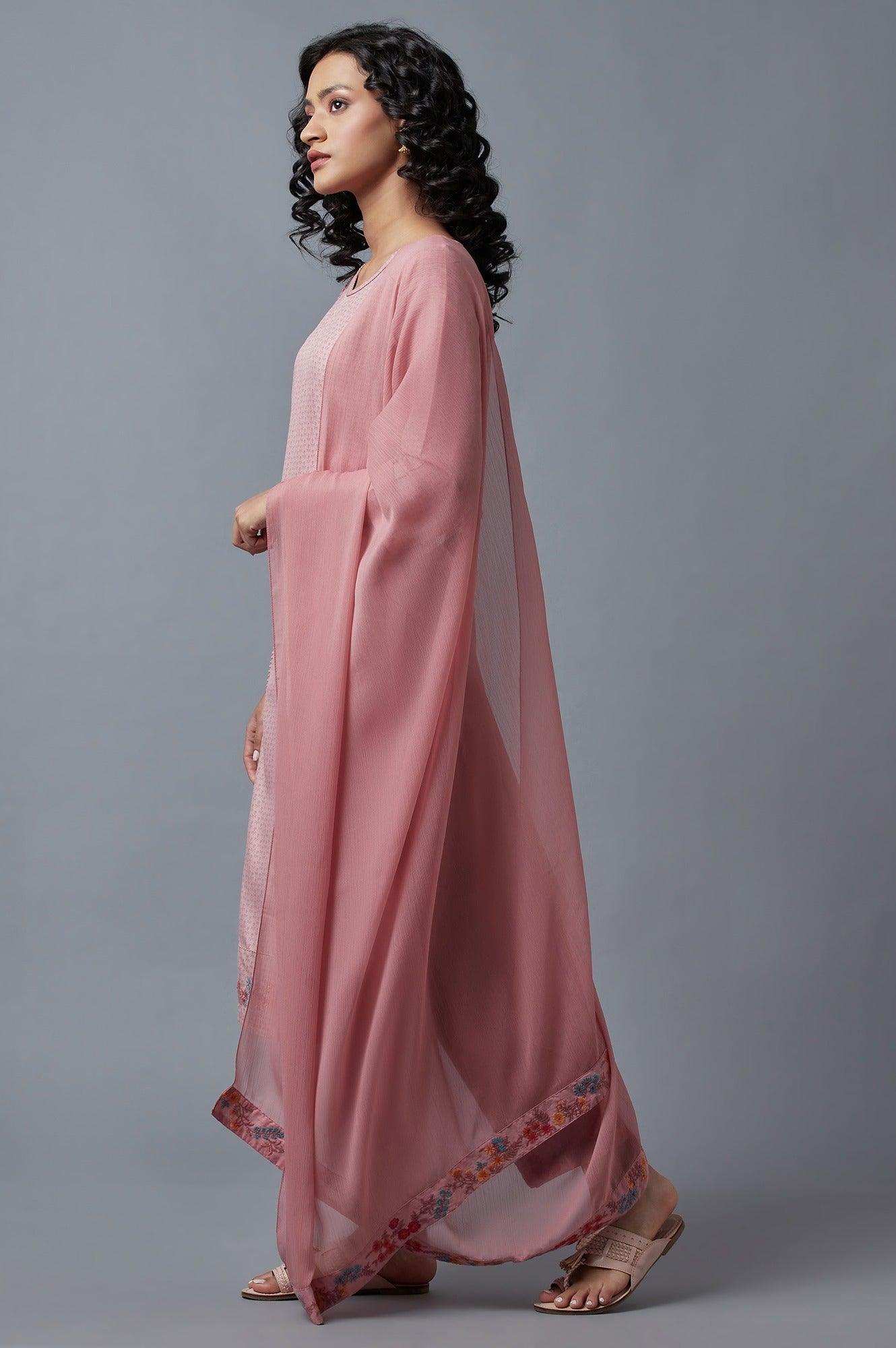 Light Pink Embroidered kurta In Round Neck With Straight Pants And Chiffon Dupatta - wforwoman