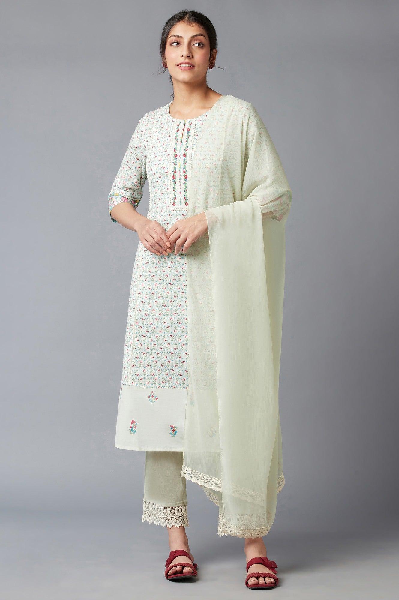 Light Green Embroidered kurta In Keyhole Neckline With Straight Pants And Chiffon Dupatta - wforwoman