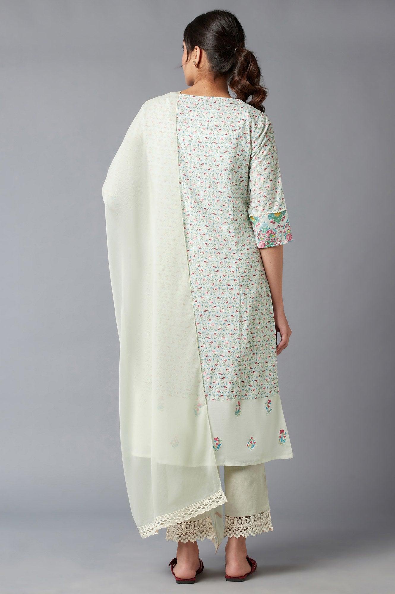 Light Green Embroidered kurta In Keyhole Neckline With Straight Pants And Chiffon Dupatta - wforwoman