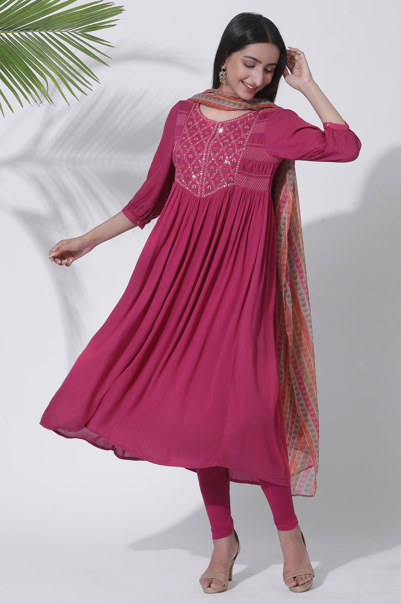 Pink Gathered Embroidered Flared Kurta, Tights And Dupatta Set - wforwoman