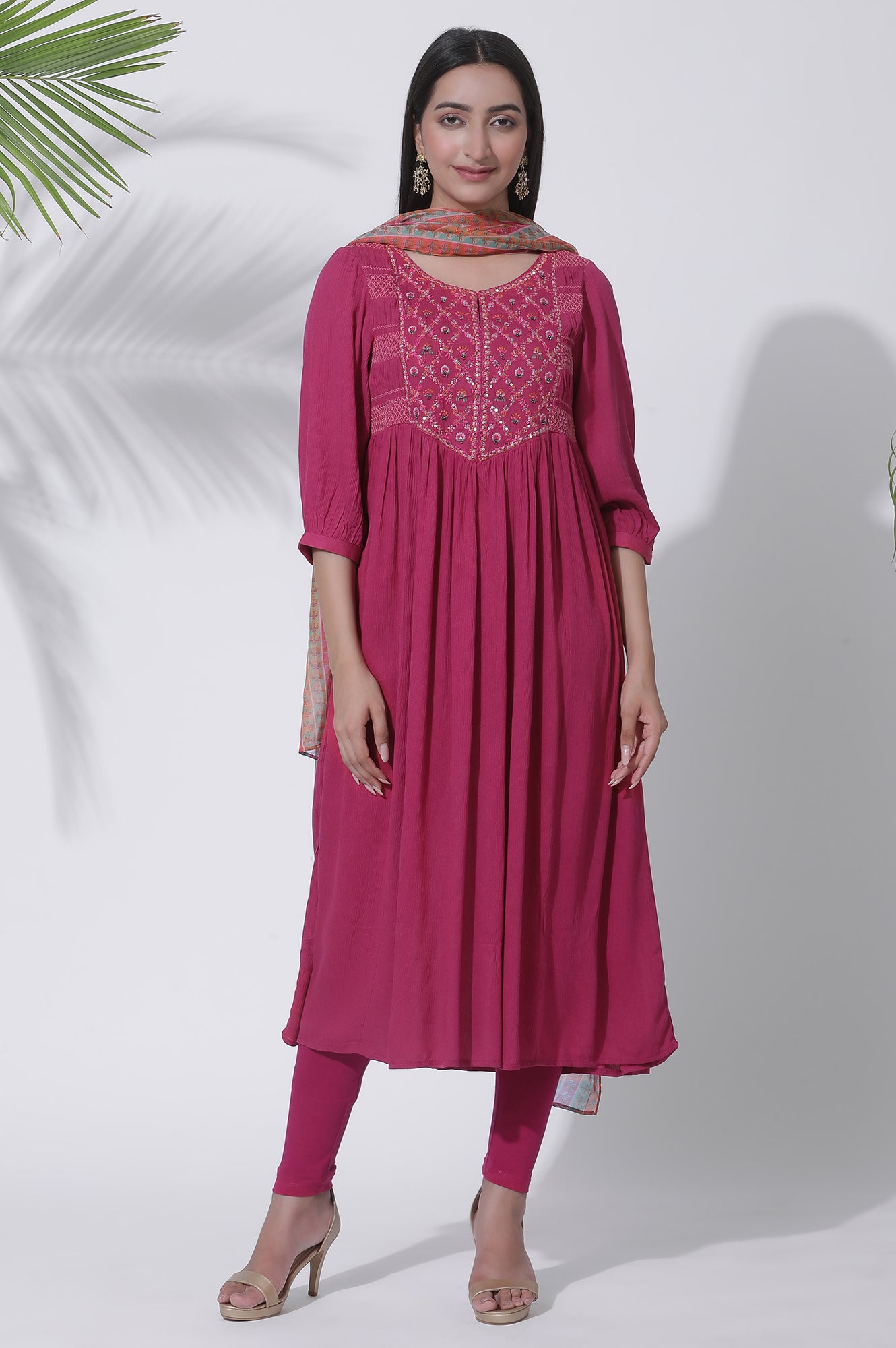 Pink Gathered Embroidered Flared Kurta, Tights And Dupatta Set - wforwoman