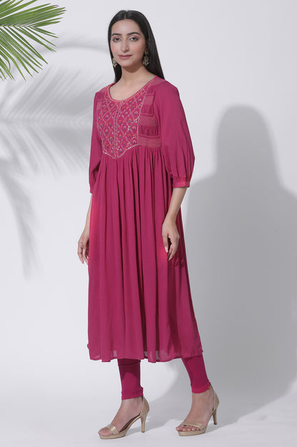 Pink Gathered Embroidered Flared Kurta, Tights And Dupatta Set - wforwoman