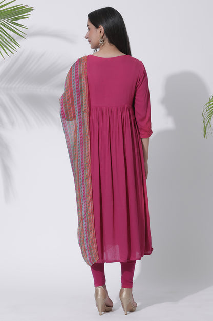 Pink Gathered Embroidered Flared Kurta, Tights And Dupatta Set - wforwoman