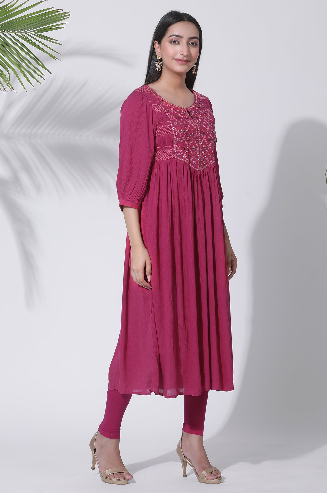 Pink Gathered Embroidered Flared Kurta, Tights And Dupatta Set - wforwoman