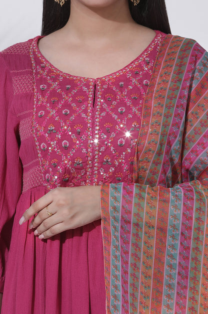 Pink Gathered Embroidered Flared Kurta, Tights And Dupatta Set - wforwoman