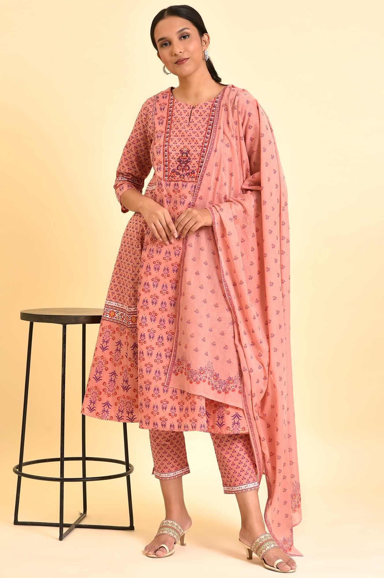 Pink Printed A-Line Kurta, Pants And Dupatta Set - wforwoman