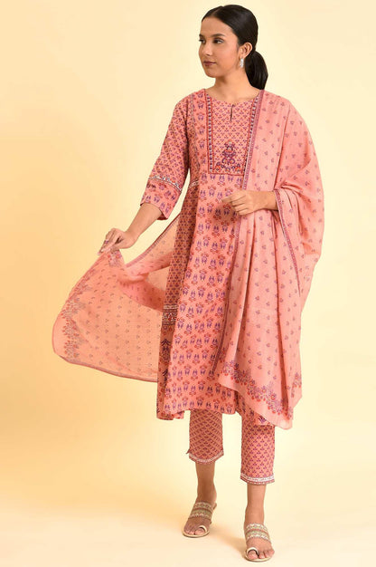 Pink Printed A-Line Kurta, Pants And Dupatta Set - wforwoman