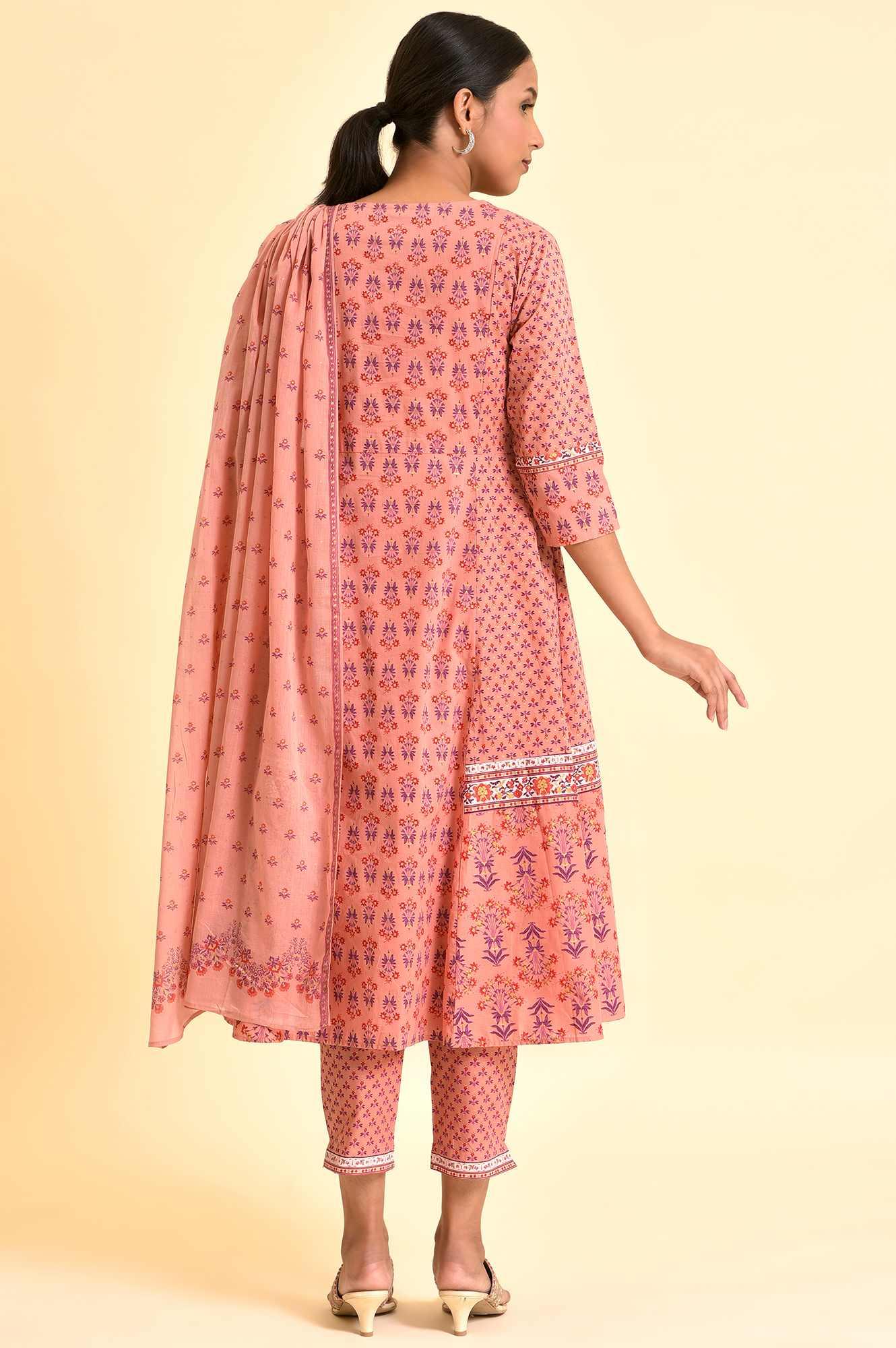 Pink Printed A-Line Kurta, Pants And Dupatta Set - wforwoman