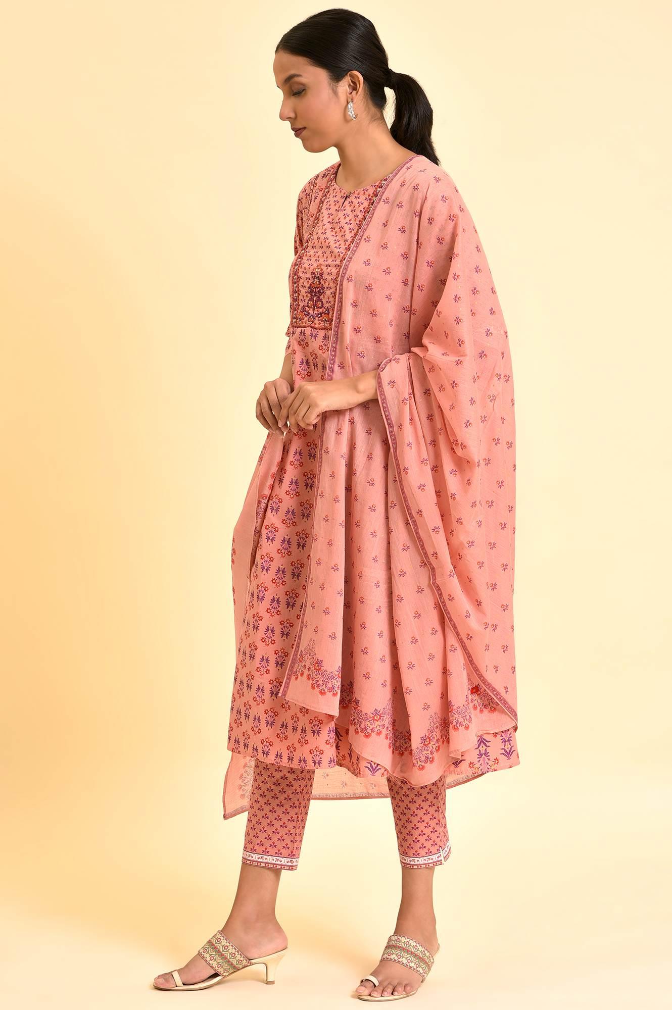 Pink Printed A-Line Kurta, Pants And Dupatta Set - wforwoman