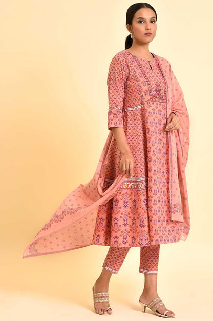 Pink Printed A-Line Kurta, Pants And Dupatta Set - wforwoman