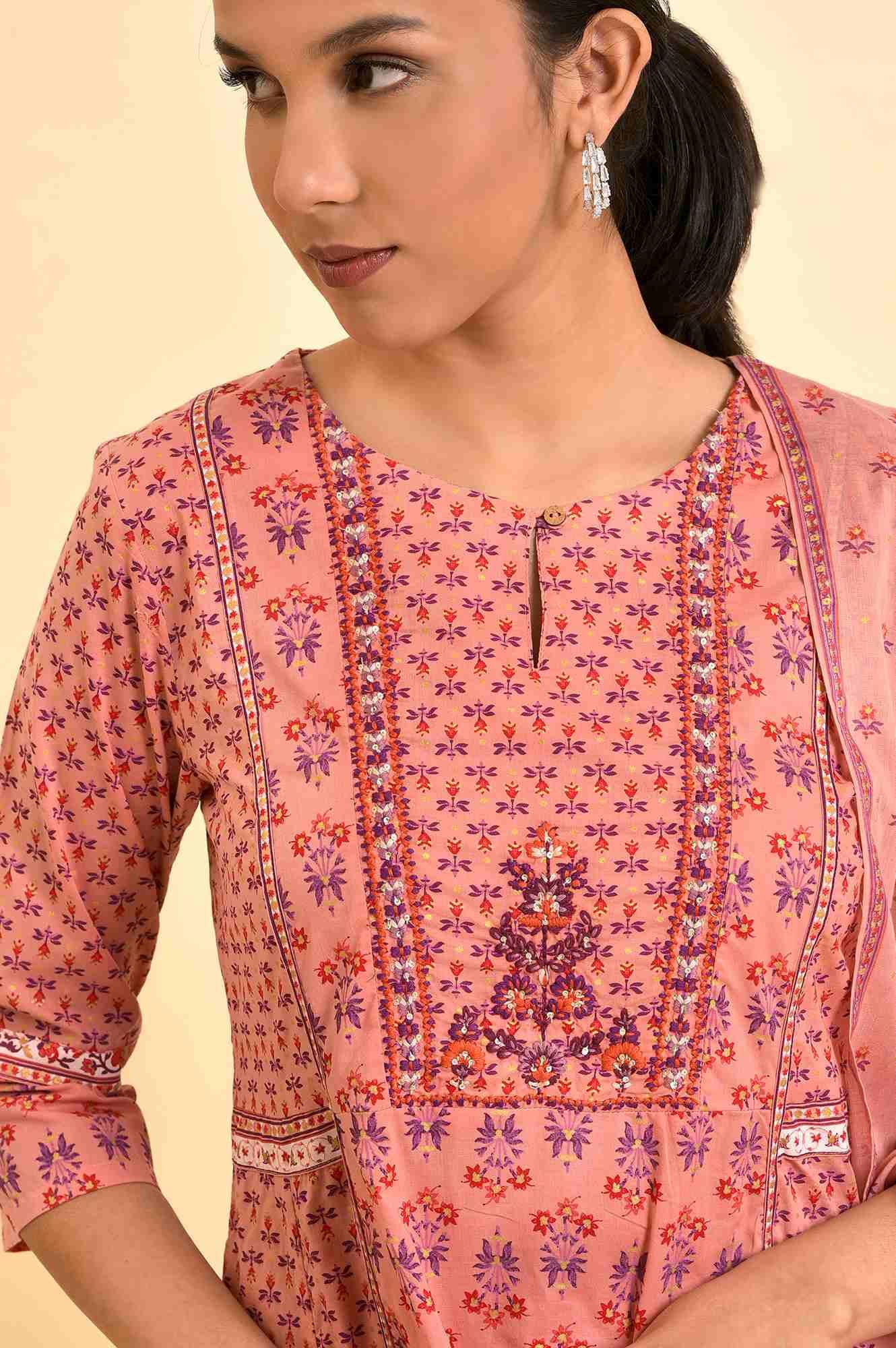 Pink Printed A-Line Kurta, Pants And Dupatta Set - wforwoman