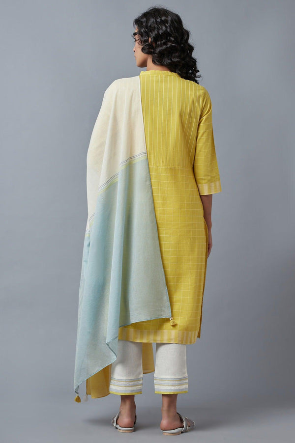 Yellow Dobby Straight kurta With Ecru Slim Pants And Dupatta