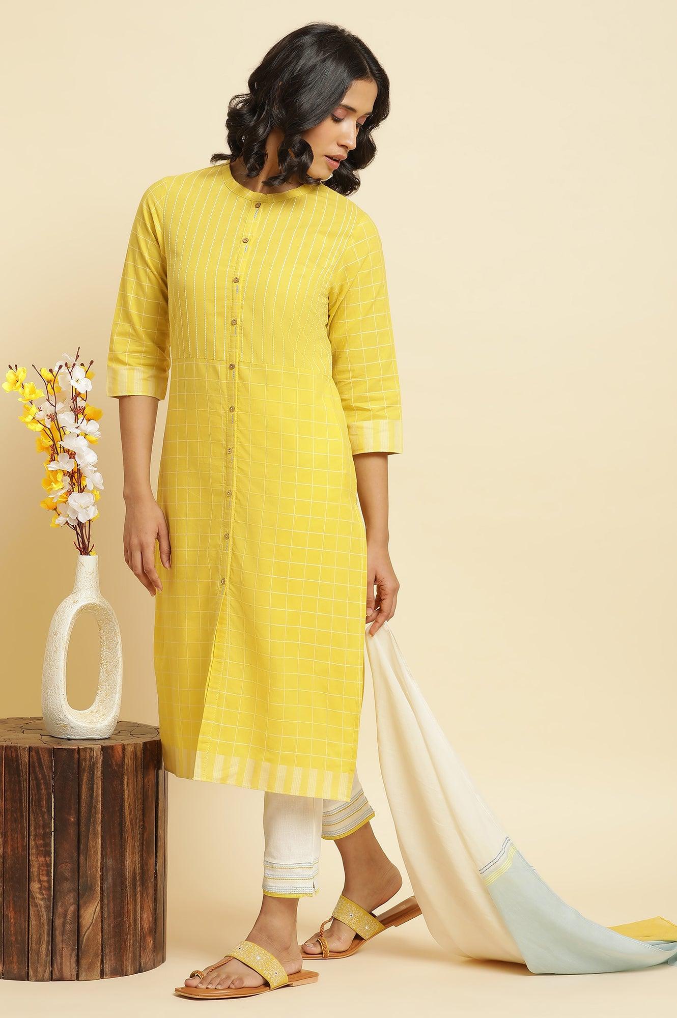 Yellow Cotton Dobby Kurta, Pants &amp; Dupatta Set - wforwoman