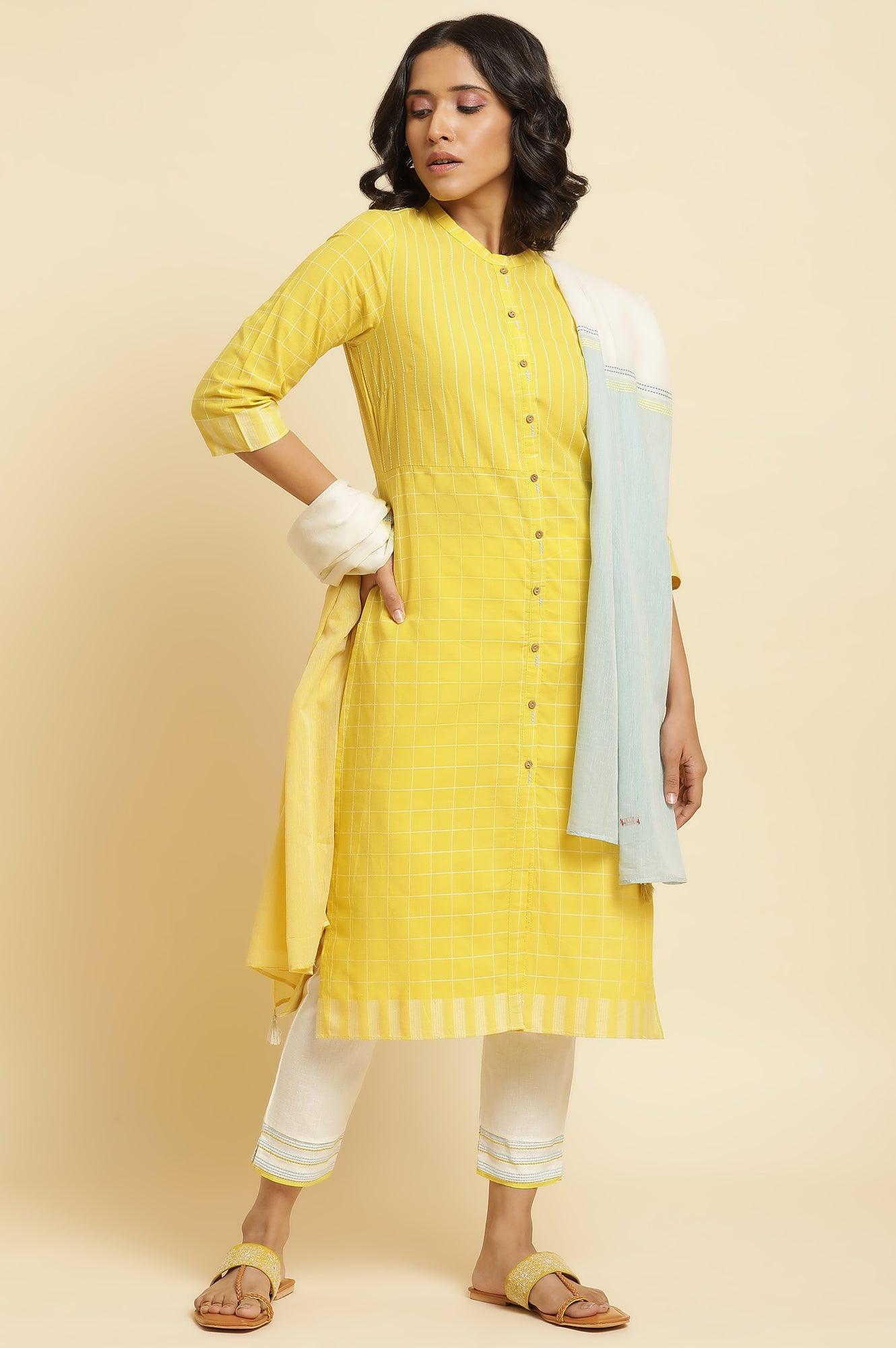 Yellow Cotton Dobby Kurta, Pants &amp; Dupatta Set - wforwoman