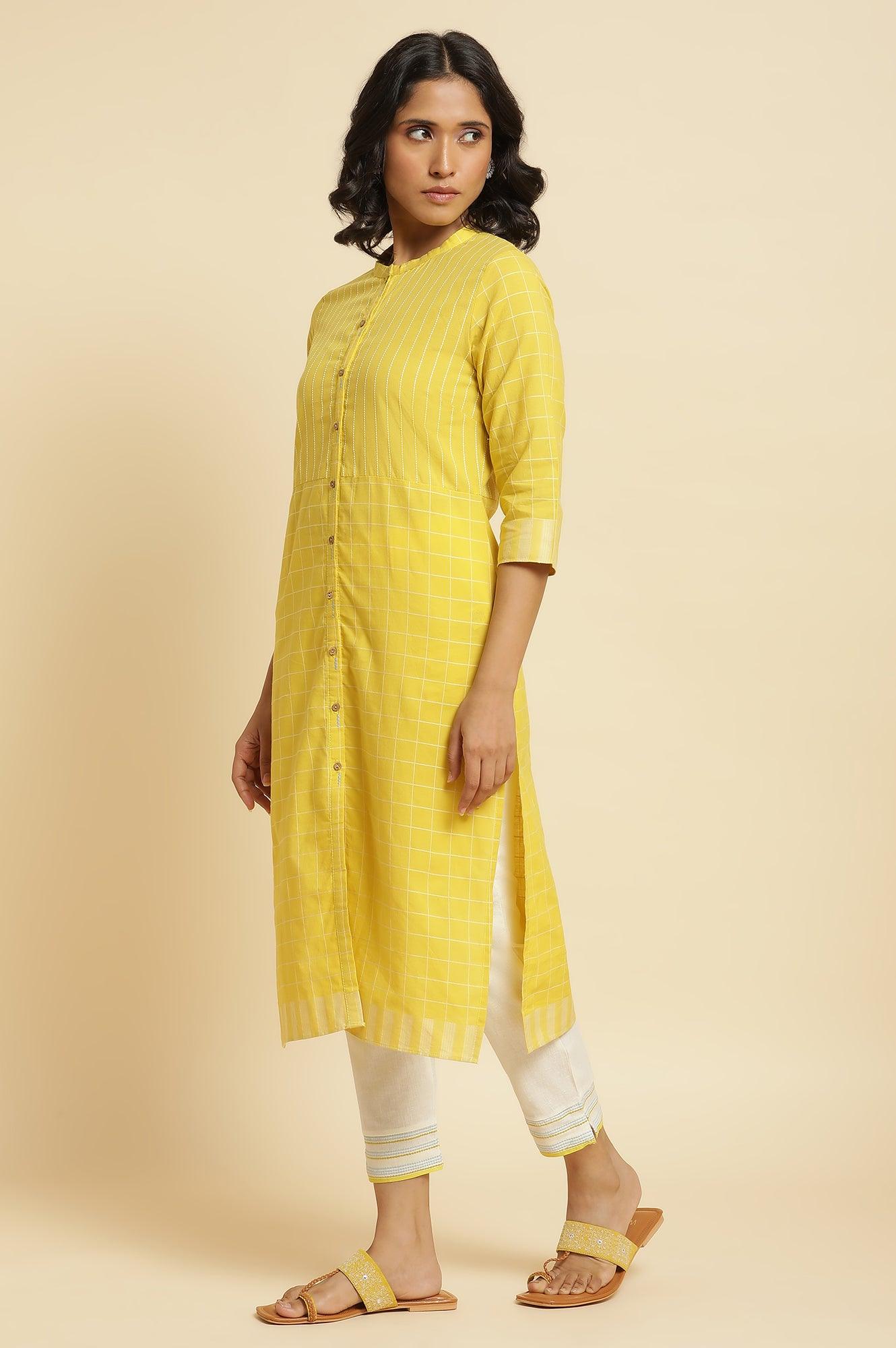 Yellow Cotton Dobby Kurta, Pants &amp; Dupatta Set - wforwoman