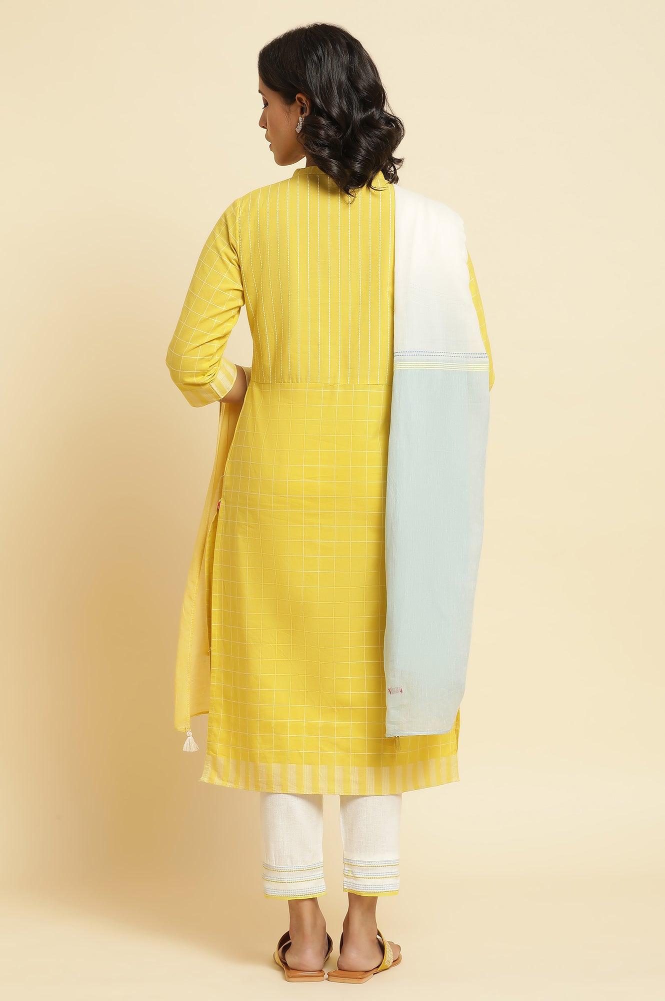 Yellow Cotton Dobby Kurta, Pants &amp; Dupatta Set - wforwoman