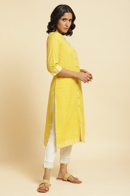 Yellow Cotton Dobby Kurta, Pants &amp; Dupatta Set - wforwoman