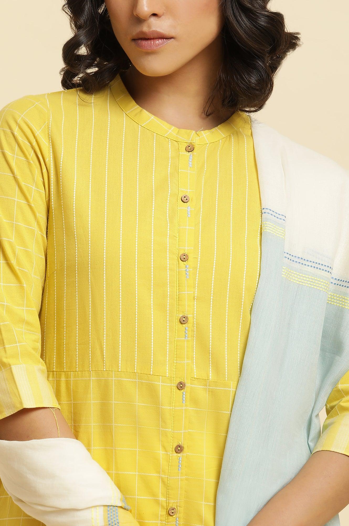 Yellow Cotton Dobby Kurta, Pants &amp; Dupatta Set - wforwoman