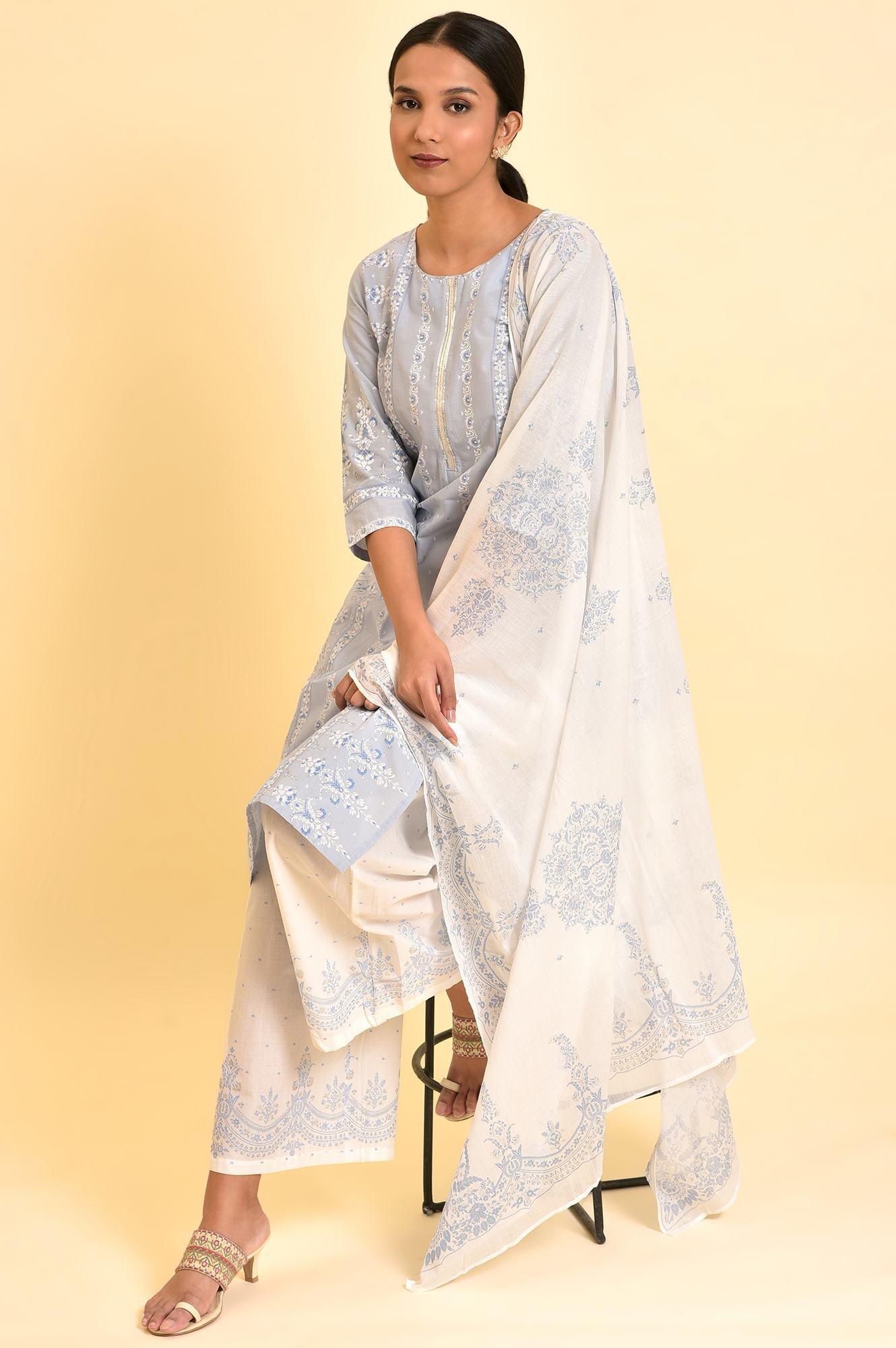 Blue Printed Sequined Kurta, Parallel Pants And Dupatta Set - wforwoman