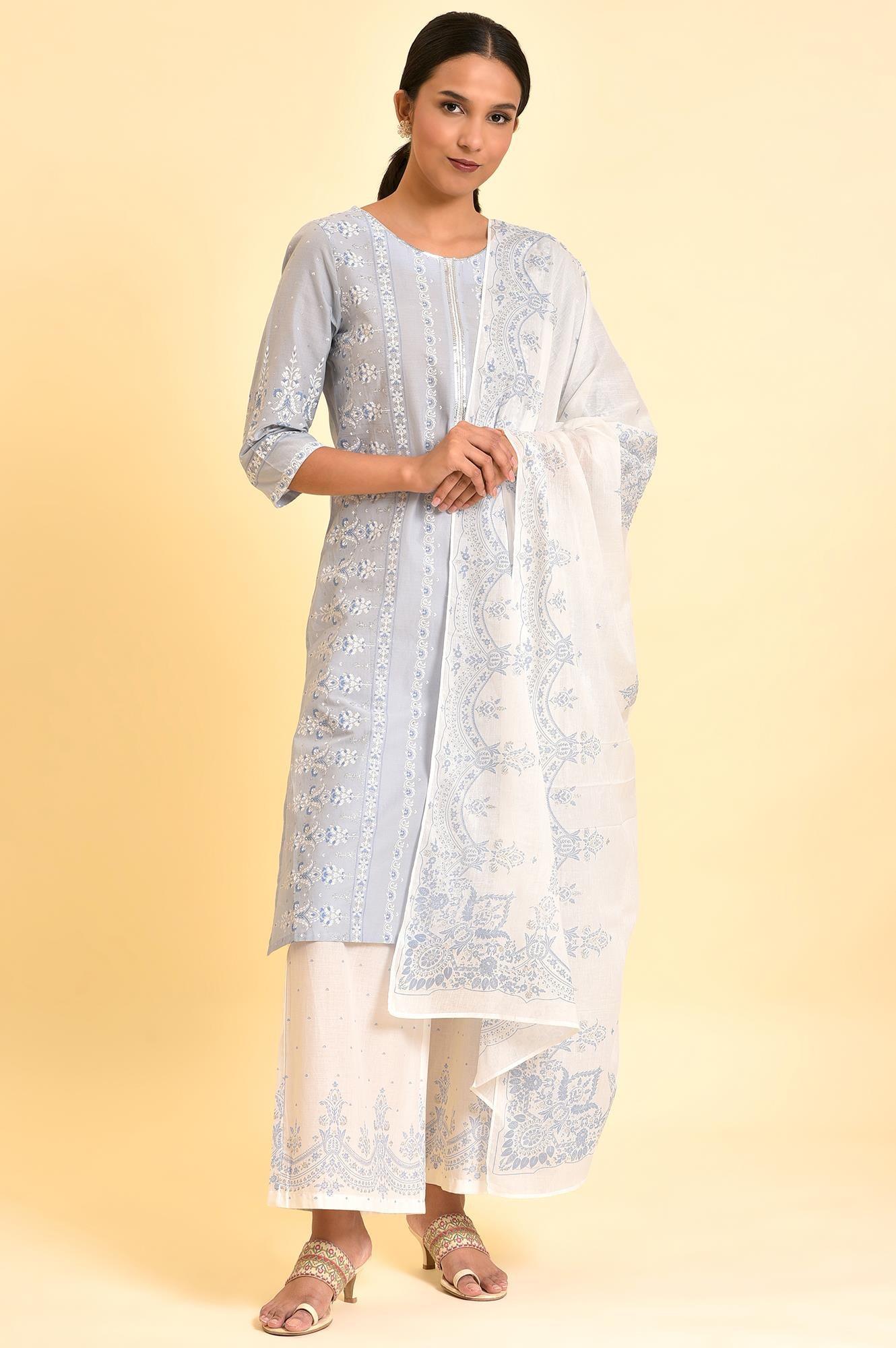 Blue Printed Sequined Kurta, Parallel Pants And Dupatta Set - wforwoman