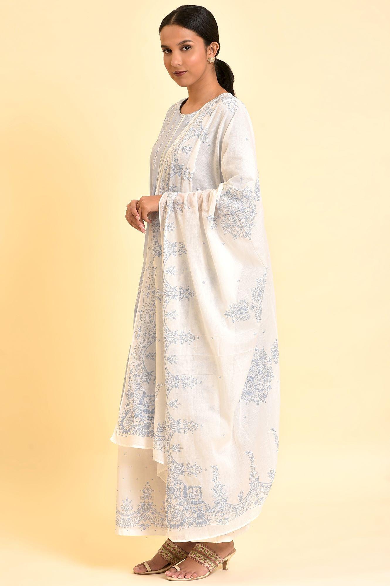 Blue Printed Sequined Kurta, Parallel Pants And Dupatta Set - wforwoman