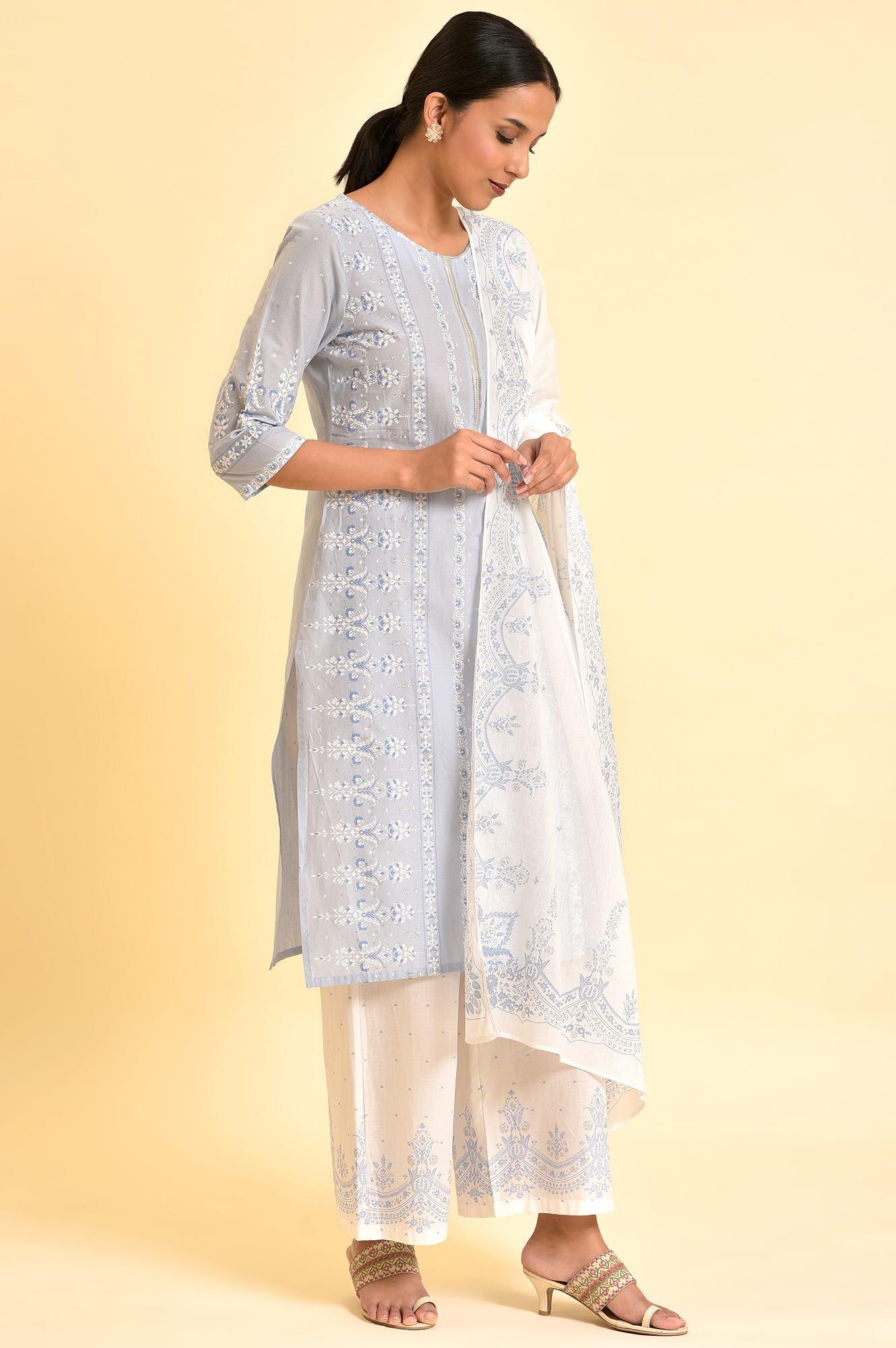 Blue Printed Sequined Kurta, Parallel Pants And Dupatta Set - wforwoman