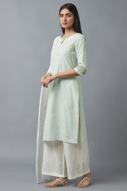 Light Green Embroidered kurta with Parallel Pants and Dupatta - wforwoman