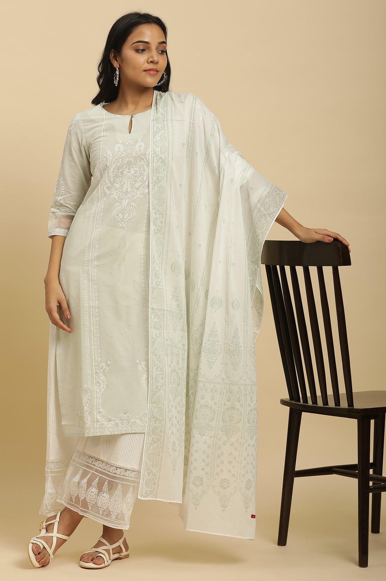 Green Printed Straight Kurta, Parallel Pants And Dupatta Set - wforwoman