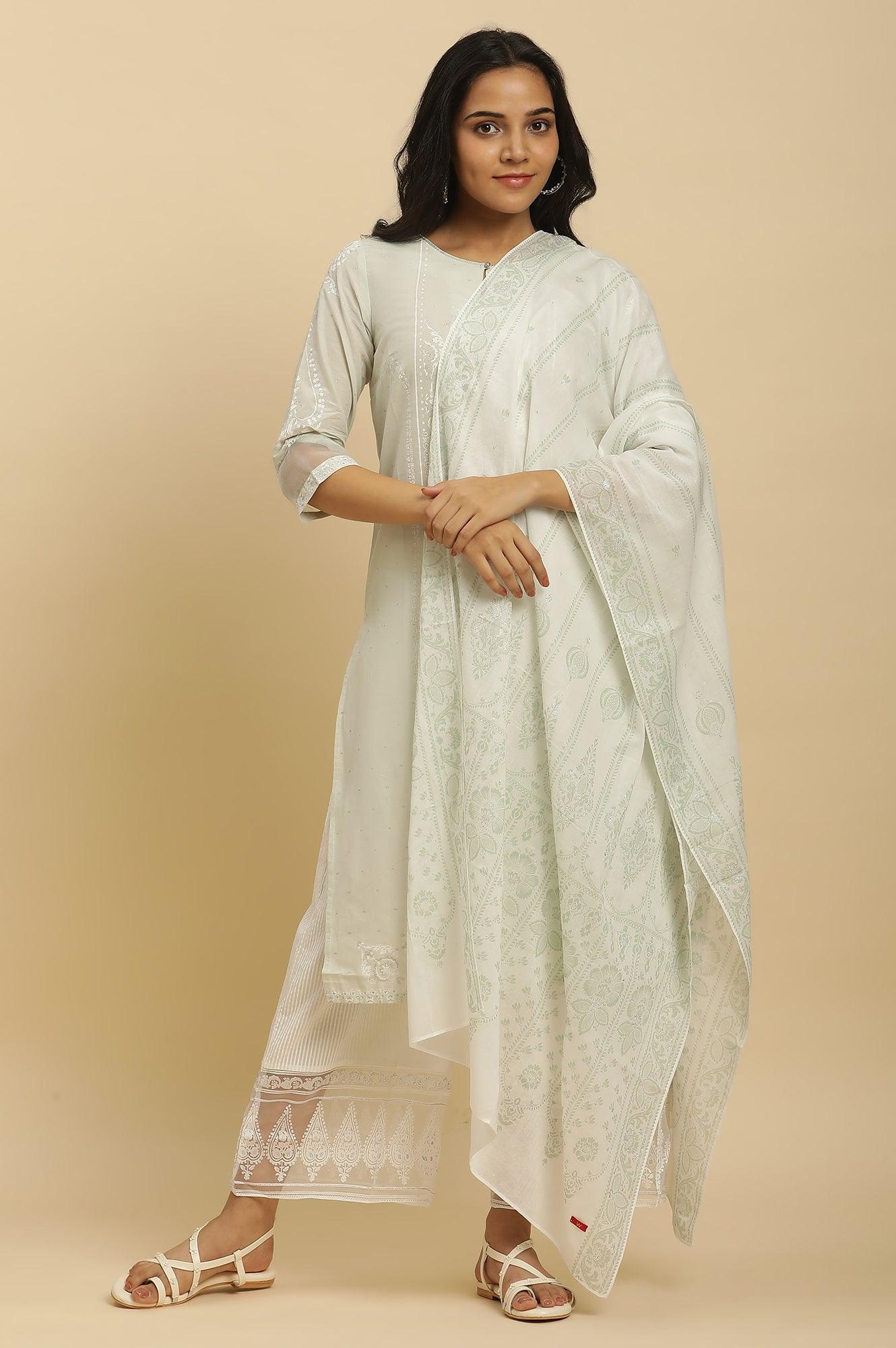 Green Printed Straight Kurta, Parallel Pants And Dupatta Set - wforwoman