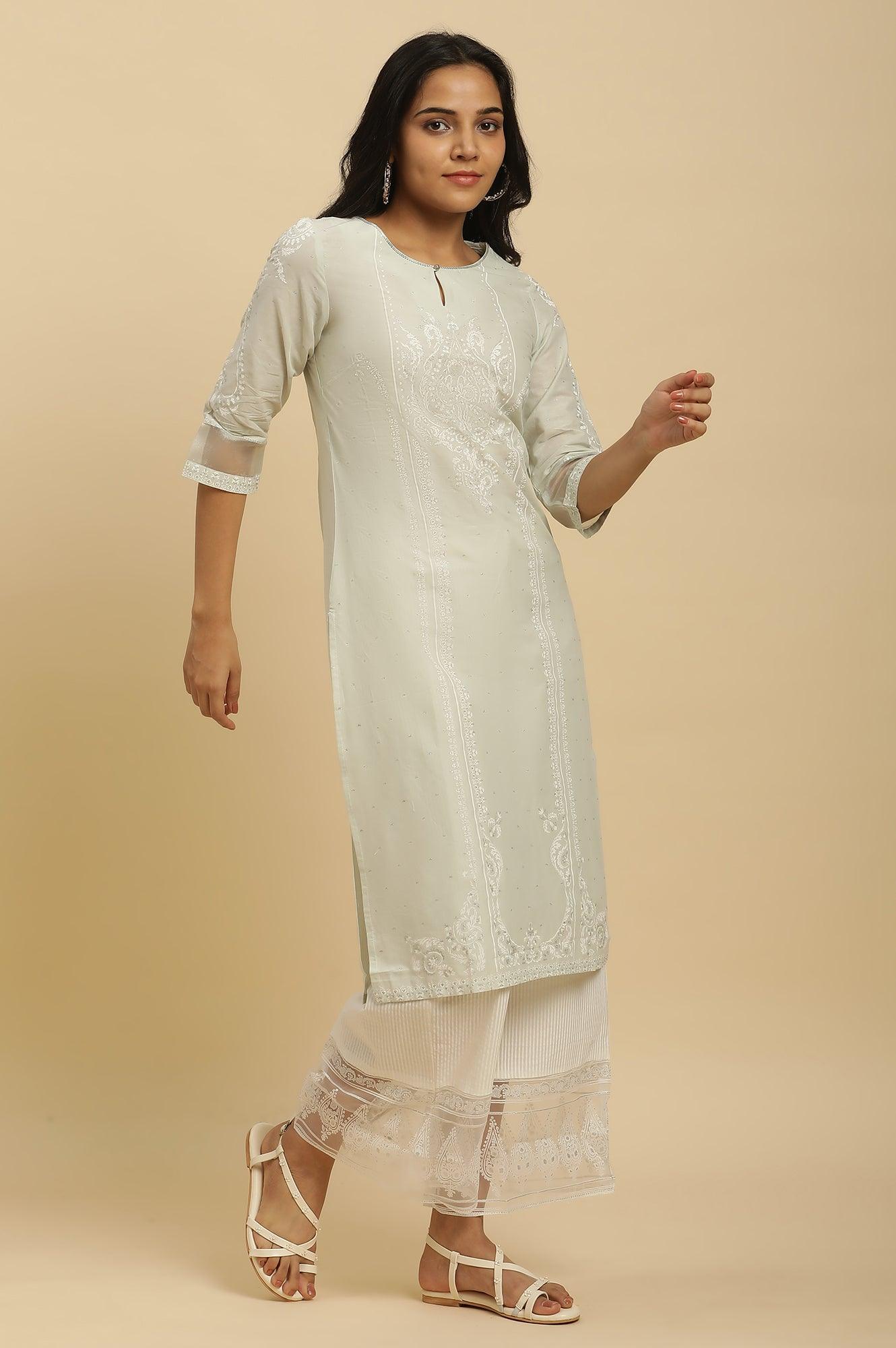 Green Printed Straight Kurta, Parallel Pants And Dupatta Set - wforwoman