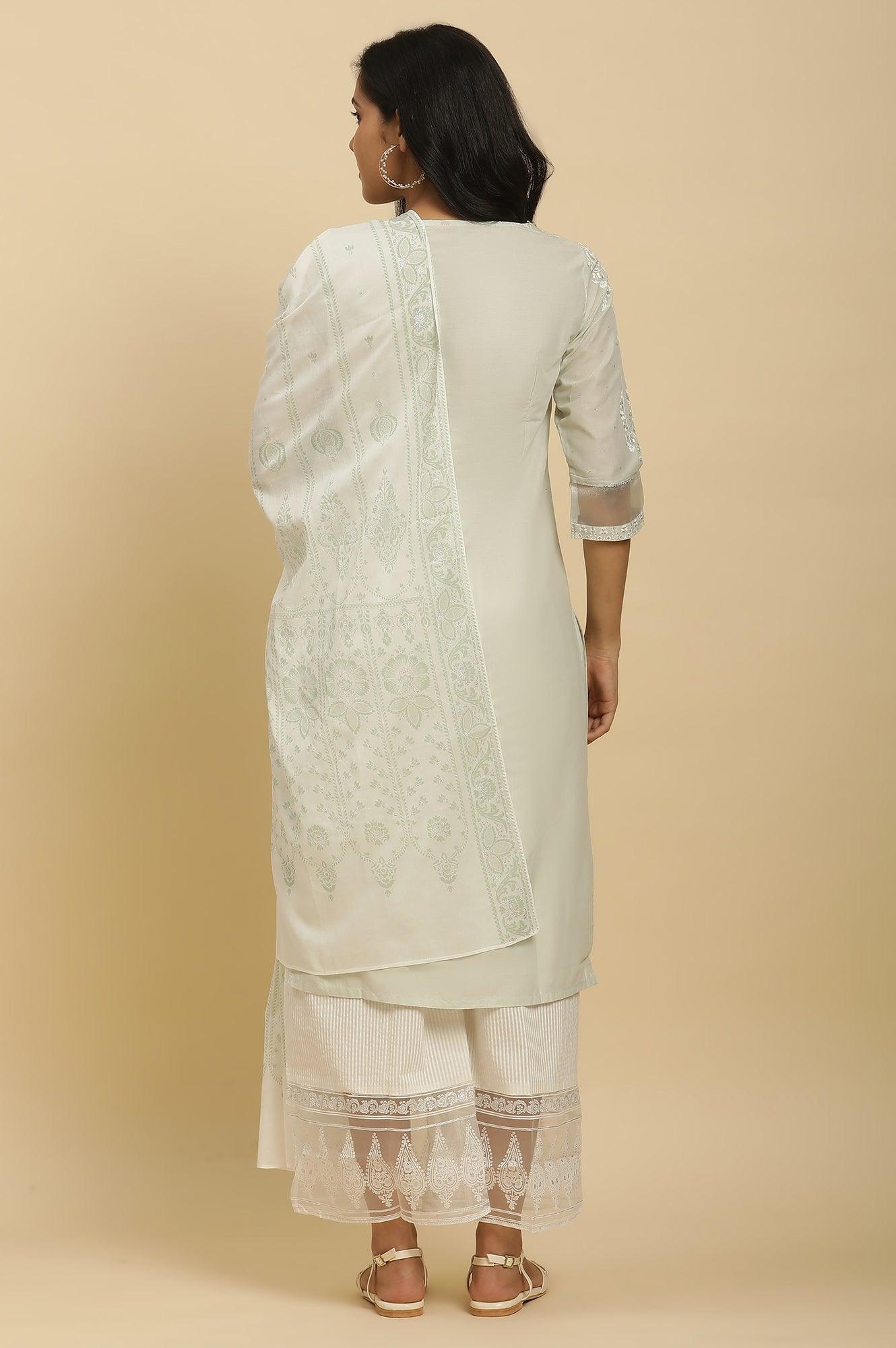 Green Printed Straight Kurta, Parallel Pants And Dupatta Set - wforwoman