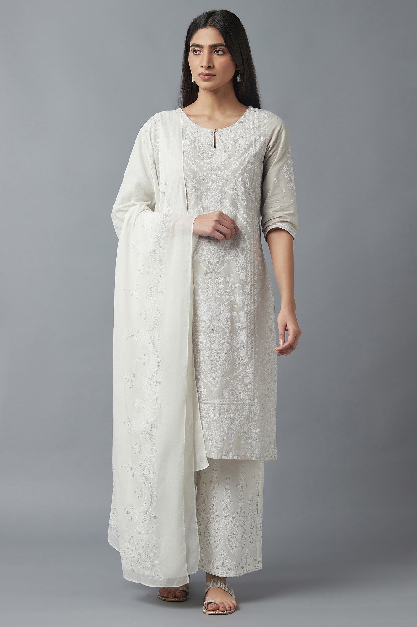 Light Grey Embroidered Kurta With Parallel Pants And Dupatta