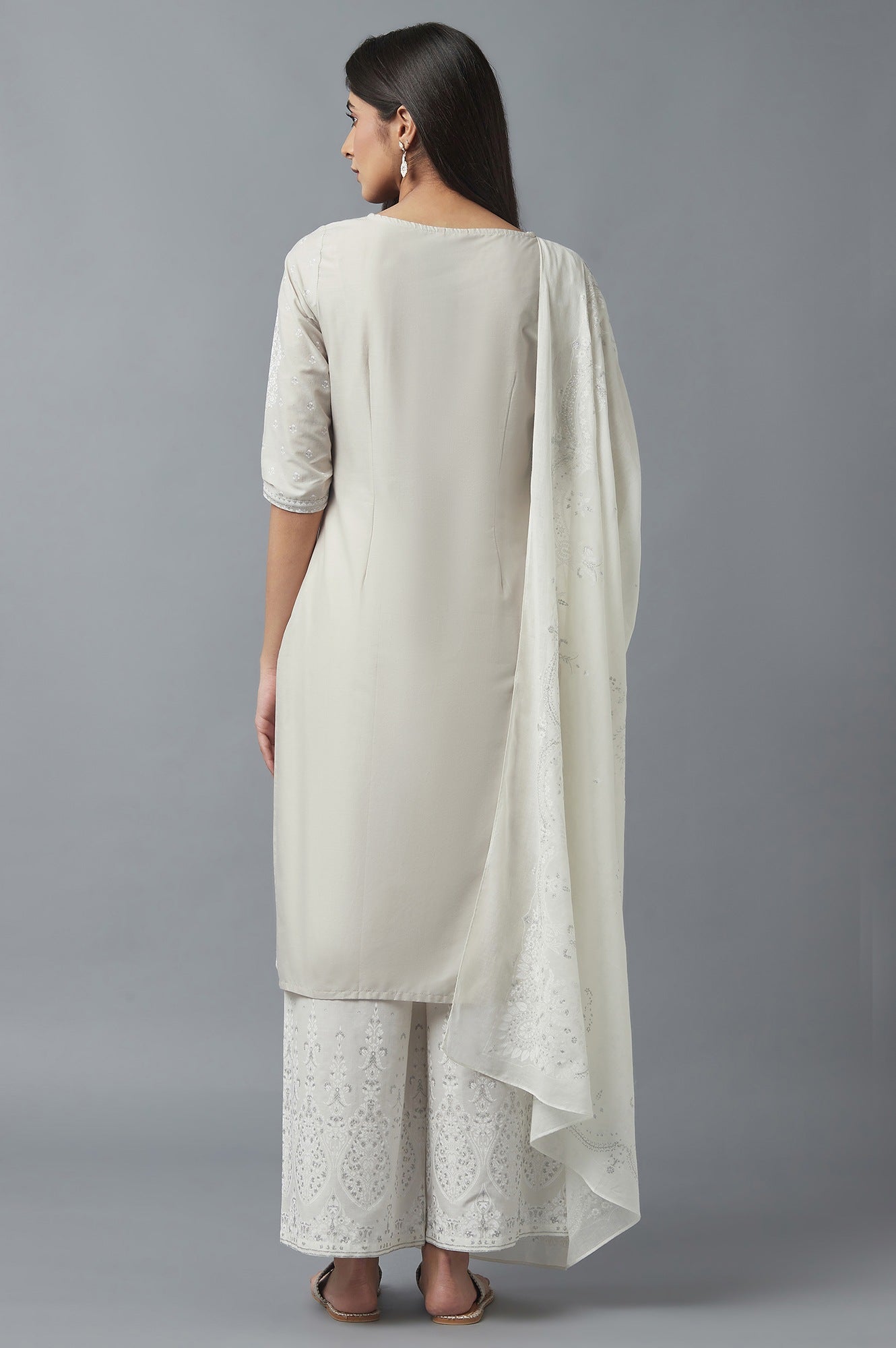 Light Grey Embroidered Kurta With Parallel Pants And Dupatta